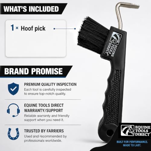 Horse Hoof Pick with Brush, Soft Touch Ergonomic Black Handle, Durable Hoof Cleaning Tool for Horses, Ponies & Farrier Hoof Care