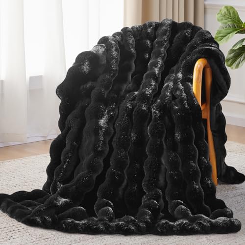 Anysay Faux Fur Throw Blanket, 1000GSM Fluffy Soft Bubble Blanket 80''*90'' - color: Black, size: Queen