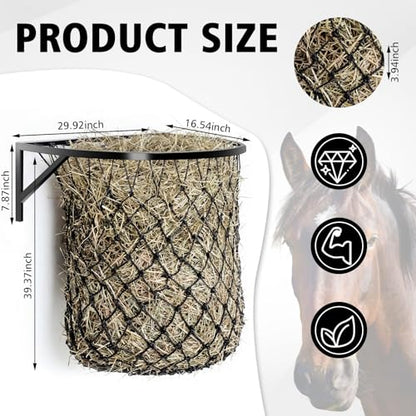 Yaocom 1 Set Wall Mount Hay Feeder with Net Large Capacity Black Metal Frame with Slow Feed Hay Net Open-top for Horses Goats