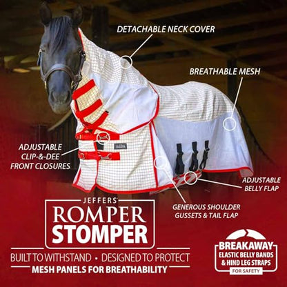 Jeffers Romper Stomper Sweet Itch Fly Sheet for Horses with Detachable Neck 75", Breathable Mesh Cotton Blend Top, UV & Insect Protection Horse Sheet, Lightweight Turnout Rug - White and Red - size: 75"