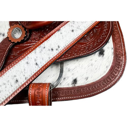 Western Barrel Saddle Set Brown Genuine Leather Hair On Cowhide Hand Tooled Horse Saddle with Headstall, Breast Collar & Reins for Trail Riding, Rodeo, Ranch & Pleasure, 8-17 Inch - size: 12 Inch