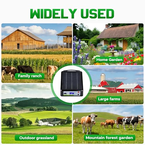 20 Miles Solar Electric Fence Charger, Adjustable 6/8/10/12KV & 0.3J-2J Pulse Energy, AC & Solar Power Electric Fence Charger for Garden Farm Pasture Livestock Predator Protection