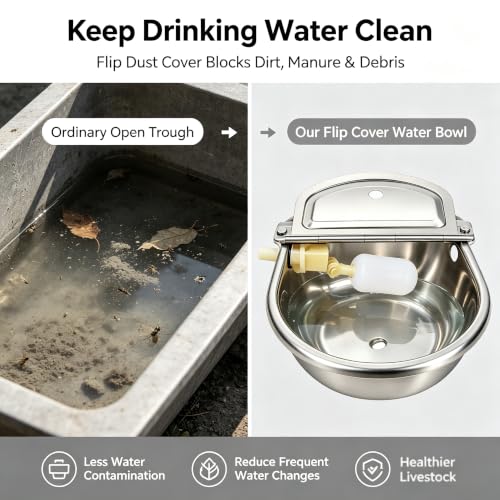304 Stainless Steel Automatic Livestock Water Bowl, 9.84x9.84x3.94in Large Capacity Water Trough for Cows Horses Goats, Auto Float Waterer with Liftable Cover & Complete Installation Kit