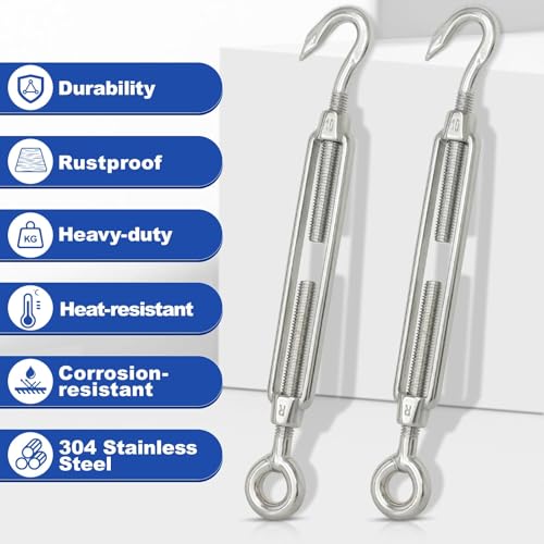 TooTaci 10PCS M10 Turnbuckle, 304 Stainless Steel Turnbuckle Hook and Eye | Turnbuckle Wire Tensioner, 660 lb Heavy Duty Adjustable Turnbuckles for Cables Wire, Cable Tightener, Trampoline, Tent, Tarps - size: M10 OC-10Pcs