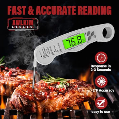 AWLKIM Meat Thermometer Digital, Instant Read Food Thermometer, White | Waterproof cooking thermometer with doneness chart, backlight, F/C switch for BBQ, candy, oil - color: White