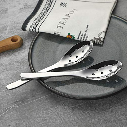AOOSY Small Slotted Spoons,Modern Stylish Thick Heavy-weight Short handle Stainless Steel 10 Holes Durable Caviar Spoon for Soup Cereals Dips Curry Sauces Stews, Set of 2