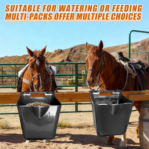 15 Qt Hook-Over Plastic Livestock Horse Feed Bucket, 6-Pack, Black | Heavy duty 15 quart hanging Fence Hay Feeder, mountable feed bucket for horse, sheep, cattle, ideal for stalls & pasture use