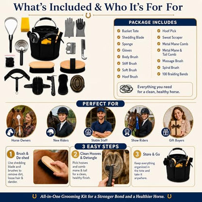 Horse Grooming Kit, 15-Piece Horse Brush Set with Tote Bag, Long Shedding Blade, Hoof Pick, Curry Comb, Sweat Scraper, Mane and Tail Comb, Gloves, Equine Grooming Supplies, Black - color: Black