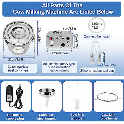 9L Cow Milking Machine, Rechargeable Battery Adjustable Pulse Vacuum Electric Cow Milking Machine,Portable Milking Machine,Individual Pulsation Adjustment, Udder Protection - size: 9L Cow