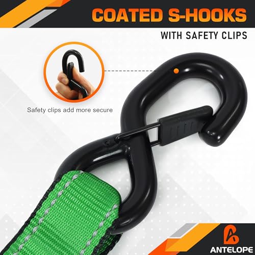 A ANTELOPE 4 Pack 1.5" x 15' Ratchet Tie Down Straps with S Hooks, Green - color: Green, size: 4PK-1.5in