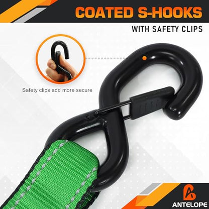 A ANTELOPE 4 Pack 1.5" x 15' Ratchet Tie Down Straps with S Hooks, Green - color: Green, size: 4PK-1.5in