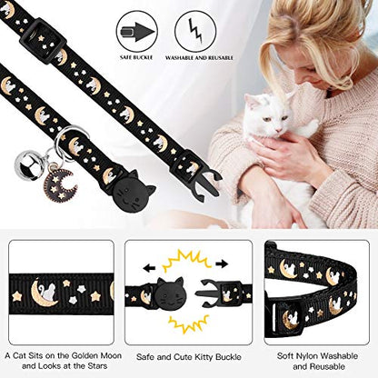 2Pcs Breakaway Cats Collars Cat Collars for Boy & Girl Cats Moons Adjustable Kitten Collars with Bell & Pendant Glow in The Dark,Black+Pink - color: Pink+Black, size: 7.0-10.7''