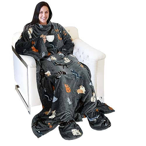 Catalonia Wearable Blanket with Sleeves & Foot Pocket for Adults - color: Dog Grey, size: Fleece