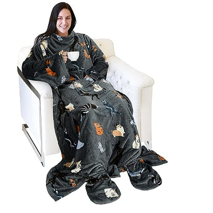 Catalonia Wearable Blanket with Sleeves & Foot Pocket for Adults - color: Dog Grey, size: Fleece