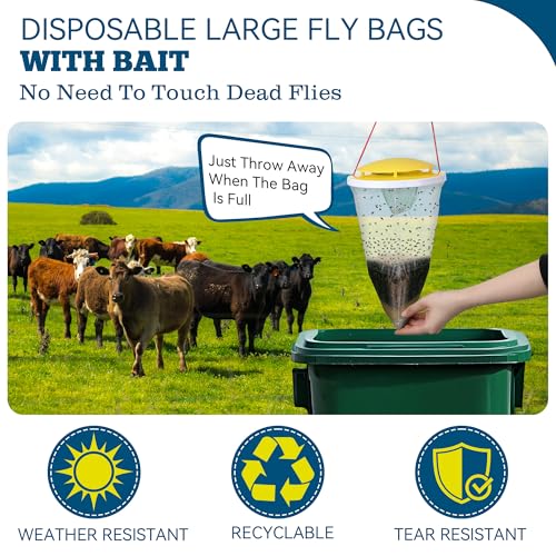 Qualirey 5 Pack Large Fly Bags with Bait, Outdoor Disposable Hanging Flies Traps, Non Toxic Fly Trap Bag, Flies Catcher Killer Helps Control Houseflies in Backyard, Ranch, Orchard, Barns, Farm