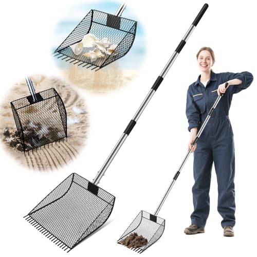 CAROD Chicken Poop Scooper & Rake 2-in-1, Metal Chicken Scoop with 24 to 68" Adjustable Stainless Steel Handle, Litter Scooper Sand Sifting Shovel Chicken Coops/Animals House