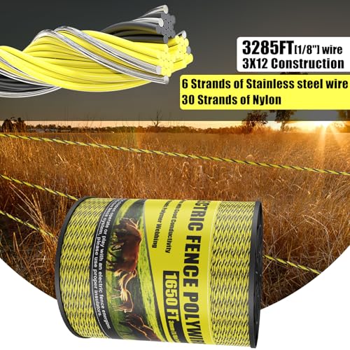 NQN Upgrade Electric Fence Polywire 1650FT,500 Meters, 6 Stainless Steel Strands for Reliable Conductivity, Portable Electric Fencing, UV Resistant, Rust Resistant, Highly Conductive, Easy to Install - size: 1650 Feet