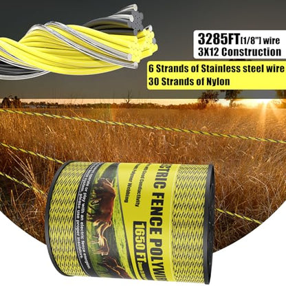 NQN Upgrade Electric Fence Polywire 1650FT,500 Meters, 6 Stainless Steel Strands for Reliable Conductivity, Portable Electric Fencing, UV Resistant, Rust Resistant, Highly Conductive, Easy to Install - size: 1650 Feet