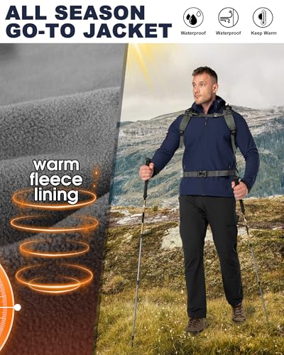 33,000ft Men's Hooded Softshell Jacket Waterproof Lightweight Insulated Windbreaker Fleece Lined Rain Shell Jacket - color: Navy, size: Large
