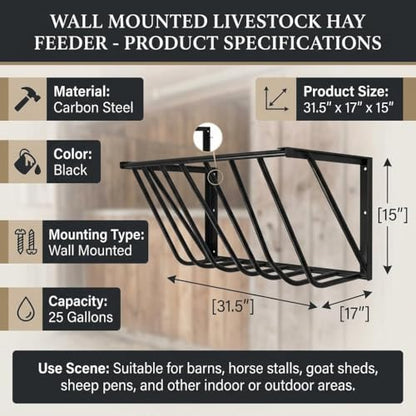 31.5'' Long Horse Hay Feeder with 25 Gallon Large Capacity, Carbon Steel Hay Rack Wall Mounted Design, Durable Hay Feeder for Horses for Sheep, Goats, Indoor Outdoor Uses