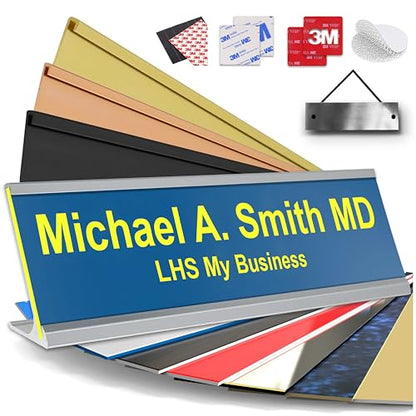 Custom Name Plate for Desk, Blue with Yellow Lettering, 2x8 - color: B20 - Blue & Yellow Lettering
