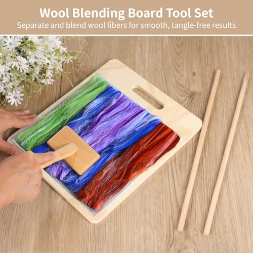 Varku 4 PCS Wool Blending Board Set, Wooden Carding Brush, 2 Wooden Sticks, Felted Wool Carder for DIY Projects, Wool Comb for Mixing