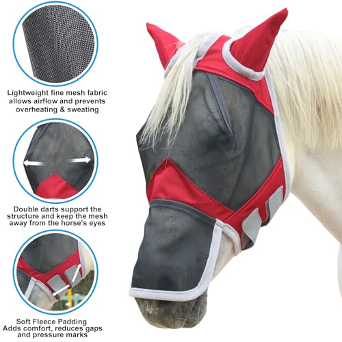 Horse Fly Mask with Ears & Long Nose, Fine Mesh Red Full - color: Red, size: Full