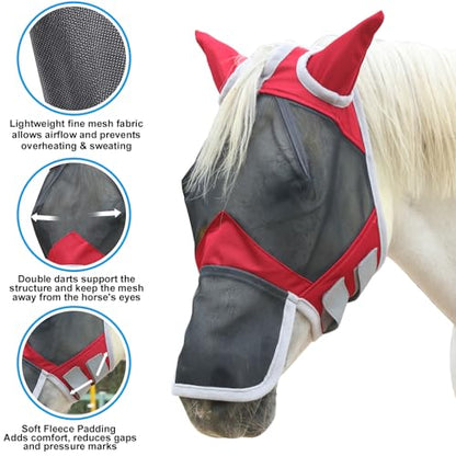 Horse Fly Mask with Ears & Long Nose, Fine Mesh Red Pony - color: Red, size: Pony