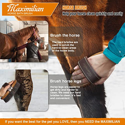 MAXIMILIAN Handmade Horse Brush Professional Horse Brushes for Grooming | 4cm Boar&PP Bristles,Beech Wood Brush Back,Double-Layer Belt,Horse Finishing Brush,Effective Remove Loose Hair Dust Dirt Mud