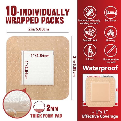 FRESINIDER Silicone Foam Dressing with Adhesive Border, 10 Pack, 2” x 2” Small Foam Wound Dressings, Gentle Silicone Adhesion, Breathable & Comfortable, for Minor Cuts, Burns & Post-Surgical Care - size: 2" x 2",10 Pack