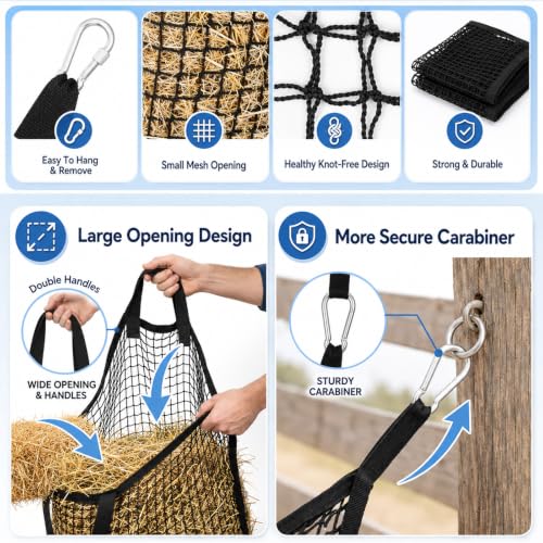 3 Pcs Slow Feed Hay Net for Horses, 35 x 31 Inch Large Capacity Slow Feed Hay Bag Feeder with 6 Hooks Durable for Horses Goats Sheep Donkey Trailer Full Day Feeding, Easy to Fill and Hang