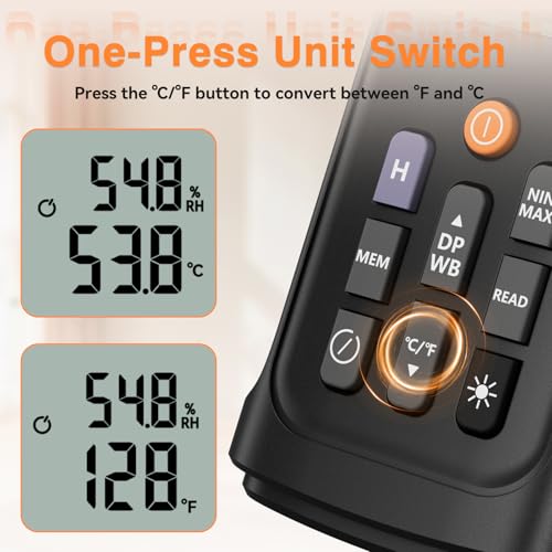 YT606 Temperature Humidity Meter High Precision Digital Hygrometer with Ambient, Relative Humidity, Dew Point, Wet Bulb Thermometer for Indoor Outdoor, Digital Thermometer Min/Max Hold, LCD Backlight