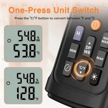 YT606 Temperature Humidity Meter High Precision Digital Hygrometer with Ambient, Relative Humidity, Dew Point, Wet Bulb Thermometer for Indoor Outdoor, Digital Thermometer Min/Max Hold, LCD Backlight