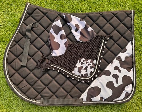 Cow Print English Saddle Pad Set Numnah Horse Ear Bonnet Saddle Cloth Saddle Blanket Horse Riding Wears - size: PONY