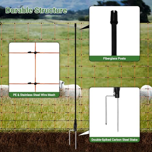 Electric Fence Netting 48"H x 164'L | with Posts and Double-Spiked Stakes, Portable Livestock Nets for Backyards, Homesteads, Gardens, Farms, and Ranches - size: 48"H x 164'L