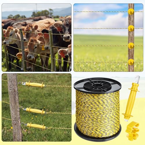 SATINIOR 46 Pcs Electric Fence Kit Included 3366ft/ 1026m Electric Fence Polywire, 40 T Post Insulators Socket, 5 Yellow Rubber Gate Handle Insulators for Fencing Horse, Cattle, Predator Protection
