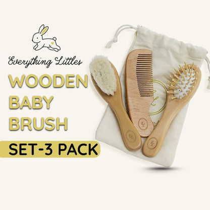 Wooden Baby Brush Set - 3 Pack | Massage Brush, Soft Goat Hair Cradle Cap Brush & Sturdy Wooden Comb for Tangle-Free Baby Hair Grooming | Pull-Free, Gentle on Baby’s Scalp
