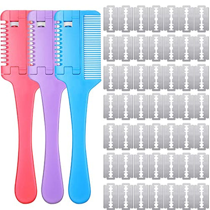 3 Pcs Pet Grooming Razor Comb with 50 Replacement Blades - Double Sided Hair Trimmer, Cutter and Scissors Tool for Dogs and Cats(Pink, Blue, Purple) - color: Pink, Blue, Purple