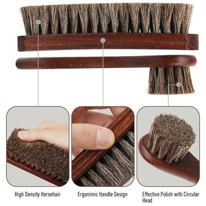 3-Piece 100% Horse Hair Shoe Brush Kit Premium Dauber Applicators Leather Care Cleaning Set with Polishing Brushes and Microfiber Cloth for Leather Suede Shoes Boots Bags Cars Cleaning Polishing