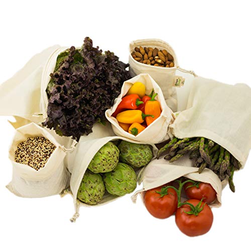 Simple Ecology Reusable Grocery Produce Shopping and Storage Bags, Organic Cotton Muslin, Set of 6 (2 ea. of L, M, S) - size: Set of 6 (2 ea. of L,M,S)