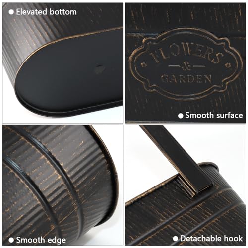 3 Pack Metal Railing Planters, 10.5" Oval Hanging Flower Pots with Detachable Hooks & Drainage Holes, Fits Rails up to 2.36", Galvanized Iron Fence Bucket for Balcony Garden Patio - Letter Black - color: Letter Black, size: 3 Pack, 10.5"L x 5.7"W x 4.7"H