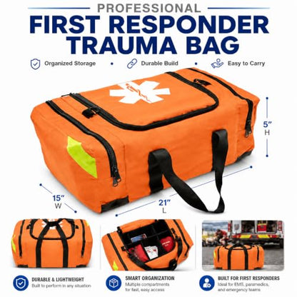 NOVAMEDIC NM-4124 Empty Trauma First Aid Medical Bag, 21"x15"x5", Multi Compartment First Responder Carrier for EMT, Paramedics, Emergency and Medical Supplies Kit, Lightweight and Durable (Orange) - color: Orange