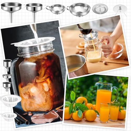 Baderke 17 pcs Stainless Steel Funnel Set Wide Mouth Canning Funnels Metal Mason Jar Funnel with Strainer Kitchen Funnels for Filling Mason Jars Mesh Filter Brushes and Adhesive Hooks, Silver