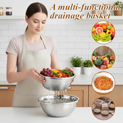 304 Stainless Steel Colander and Strainer, 5QT Large Capacity with Mixing Bowl, Micropore for Washing Rice, Vegetables, Fruit, Grain, Bean, and Draining Cooked Pasta, Dishwasher Safe - size: L