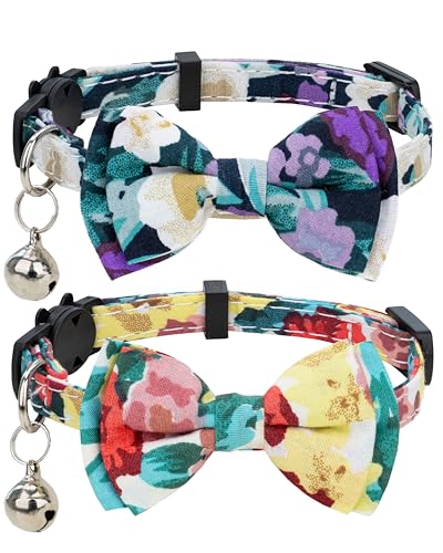 Collar for Cat Pet Breakaway with Bell Bowtie Detachable Bow Adjustable Safety Kitten Puppy Girl Boy 2pcs Yellow & Purple Oil Painting - color: Oil Painting-Yellow & Purple