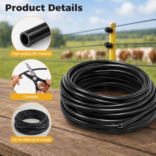 50 FT Electric Fence Insulator Tubing, Fence Wire Insulation Tube for Up to 12.5 Gauge Wire, Flexible PE Fence Insulator Cover for Corner Posts, End Posts, Gates, T-Posts and Wood Posts, Black