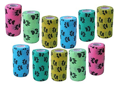 3 Inch Vet Wrap Tape Bulk (Paw Prints Variety) (Pack of 12) Self Adhesive Adherent Adhering Flex Bandage Grip Roll for Dog Cat Pet - color: Paw Prints, size: 12 Rolls