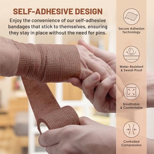 6 Pack, Self Adherent Cohesive Tape - 2" x 5 Yards, (Medium Tan Shade) Self Adhesive Bandage Rolls & Sports Athletic Wrap for Ankle, Wrist, Knee Sprains and Swelling