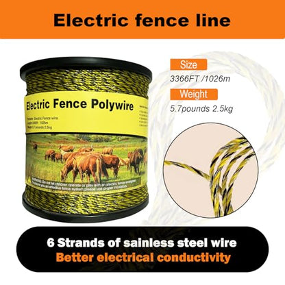 Electric Fence Polywire, 3366Ft/1026M, 1/8" Dia, Portable Wire | Upgraded polywire,Built with 6 stainless steel strands ,easy to roll up and carry for farm livestock fencing - size: 3366Ft/1026M