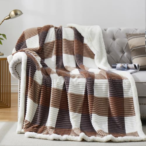 PU MEI Sherpa Blanket Twin Plaid Thick Bed Blanket, 60”*80” Super Soft Flannel Fuzzy Fleece Reversible Velvet Plush Warm Blanket for Couch (Beige Check, 60"*80") - color: Beige Check, size: 60"*80"